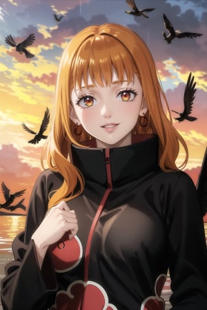 anime, hdr, soft light, ((best quality)), ((masterpiece)), (detailed), mimosa vermillion, wavy hair:1.2, red eyes, red earrings, red hair, orange hair, lips, makeup, head tilt, evil smile:1.2, (lips), (akatsuki outfit:1.2),high neck, high_collar, black dress, long sleeves, looking at viewer, upper body, dutch angle, village, (((crows))),sunset, rain, water drop, nature, ,akatsuki outfit, bird, crow, eagle, black feathers, bird on shoulder, sunset, orange sky, outdoors, upper body,fantasy00d,