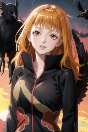 anime, hdr, soft light, ((best quality)), ((masterpiece)), (detailed), mimosa vermillion, wavy hair:1.2, red eyes, red earrings, red hair, orange hair, lips, makeup, head tilt, evil smile:1.2, (lips), (akatsuki outfit:1.2),high neck, high_collar, ((black dress)), collarbone, long sleeves, looking at viewer, upper body, dutch angle, village, (((crows))),sunset, rain, water drop, nature, ,akatsuki outfit, bird, crow, eagle, black feathers, bird on shoulder, sunset, orange sky, outdoors, upper body,fantasy00d,