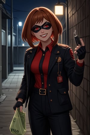 score_9, score_8_up, score_7_up, intricate details,1girl, malicious expression, sadistic grin, villainous attitude,lips, black lips, grin, red eyes, smirk, evil smile,1girl, Ochako Uraraka, black hair with red tips, bank heist, thief outfit, loose black jacket, cargo pants, wearing a domino mask, holding bag of money, holding handgun, gun, handgun, bank robbery, levitating money bags, vault door open, thief outfit, wearing a domino mask, carrying a large money bag, exiting a bank vault, broken safe in the background, dark gloves, quick getaway, alarm lights flashing, dimly lit scene, red emergency lighting, cautious posture, money spilling from bag, night-time heist, dark alley, tense atmosphere,(ncursioDipDyedHair,red IncursioDipDyedHair