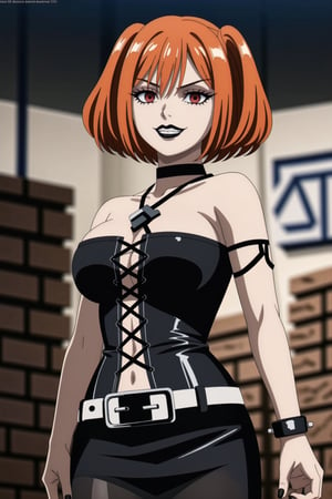 ((best quality)),  ((highly detailed)),  masterpiece,(Black lips:1.4), (white skin:1.4), ((official art)),  detailed face,  beautiful face, (cross-laced clothes:1.3), narrow_waist:1.3, dominatrix:1.4 , (intricate Black dress:1.4), (detailed eyes,  deep eyes),(science fiction, cyberpunk:1.3, street, shopping, dark background),((smirk, grin, naughty face, seductive smile, smug)) ,cowboy shot,(lips), (kanne, short hair, brown hair, twintails), (red eyes:1.3),   (spiked bracelet), corset:1.4,chinese dress:1.2, (intricate black earring:1.3), curvaceous, voluptuous body, (makeup:1.5) (lips:1.3), (latex),  (black tube top:1.2), gloves, fingerless gloves, skirt, black choker, belt, pencil skirt, pantyhose, miniskirt, (black skirt), black gloves, black legwear, black choker, Black nails,large breasts:1.2, conspicuous elegance, snobby, upper class elitist, possesses an arroaant charm. her Dresence commands attention and enw, (intricately detailed, hyperdetailed), blurry background, depth of field, best quality, masterpiece, intricate details, tonemapping, sharp focus, hyper detailed, trending on Artstation, 1 girl, solo, high res, official art,RockOfSuccubus,kanne,<lora:659111690174031528:1.0>