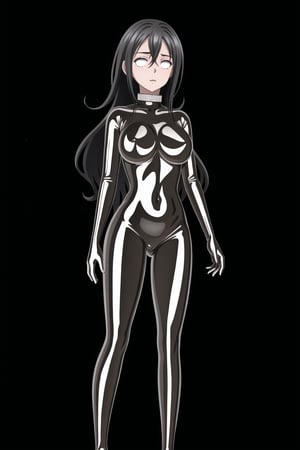 (best quality), (highly detailed), masterpiece, (official art), makeup, 1girl, solo,(kirito,long hair,black hair,hair between eyes) closed mouth,(graybot:1.2), black bodysuit, (shiny body:1.2), (shiny clothes),latex bodysuit, large breast, looking at viewer,  ,graybot,(whiteeyes),((black background, simple background)),StandingAtAttention,,,,<lora:659111690174031528:1.0>