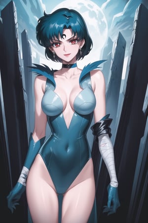 evil smile, red eyes, jewelry,  earrings, makeup, facial mark, lipstick,  forehead mark, crescent facial mark, crystal earrings,crescent, mer1, short hair, blue hair,  cleavage, jewelry, collarbone,  earrings, choker, leotard, bandages, blue leotard, blue choker, elbow gloves,highleg leotard, mizuno ami
(best quality), (highly detailed), masterpiece, (official art), A dark and mysterious female character inspired by classic anime style,  She has a cold, expressionless face with pale skin and dark, bold lips, giving her a commanding and intimidating presence.  The overall atmosphere is dark and mysterious, with a sense of power and control emanating from her poised stance.