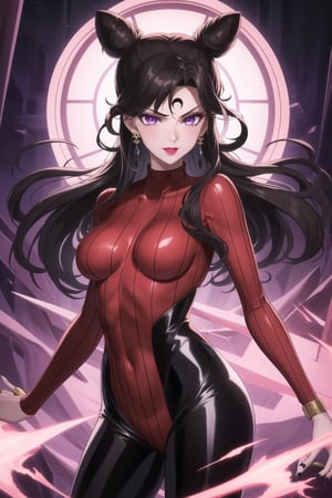 (best quality), (highly detailed), masterpiece, (official art), 1girl, solo, long hair, looking at viewer, black hair, jewelry, purple eyes, earrings, hair bun, fingernails, double bun, bodysuit, makeup, lipstick, crescent, , cone hair bun, pink bodysuit, crescent facial mark, crystal earrings, sweater