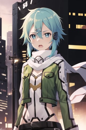 (best quality), (highly detailed), masterpiece, (official art), ((sinon1, cyberpunk, hair ornament, hairclip)), 1girl, upper body, bangs, blue eyes, blue hair, blurry, blurry background, fingerless gloves, green jacket, hair between eyes, hair ornament, hairclip, highres, jacket, long sleeves, outdoors, scarf, short hair, short hair with long locks, sidelocks, signature, sinon, solo, sunset, sword art online, turning head, ((open eyes, shocked expression)), open mouth, scary
