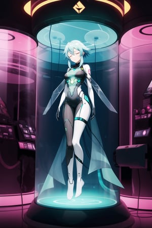 Sinon submerged in a futuristic stasis chamber, her form suspended in glowing blue liquid. Her blue hair floats gently around her, eyes closed in serene slumber. The chamber is made of sleek, transparent glass with glowing circuitry. The dimly lit lab is sterile, with holographic screens displaying her vitals. Soft, ethereal light from the chamber casts a calm, otherworldly glow, highlighting her peaceful expression.
