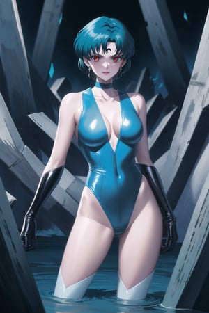 evil smile, red eyes, jewelry,  earrings, makeup, facial mark, lipstick,  forehead mark, crescent facial mark, crystal earrings,crescent, mer1, short hair, blue hair,  cleavage, jewelry, collarbone,  earrings, choker, leotard, bandages, blue leotard, blue choker, elbow gloves,highleg leotard, mizuno ami,blue gloves, blue thighhighs, blue leotard, dark persona, forehead jewel, blue choker, corruption, crescent facial mark, hydrokinesis, crystal earrings, mizuno ami, sailor mercury
(best quality), (highly detailed), masterpiece, (official art), A dark and mysterious female character inspired by classic anime style,  She has a cold, expressionless face with pale skin and dark, bold lips, giving her a commanding and intimidating presence.  The overall atmosphere is dark and mysterious, with a sense of power and control emanating from her poised stance.