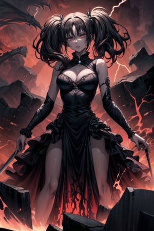 Diane, twintails black hair,hair_scrunchie ,lips, ruler of hell, stands as a malevolent dictator, her red hair flowing like darkness itself, gradient from white to dark, framing her cold gaze. Her elaborate gown, adorned with sinister symbols and glowing red accents, reflects her dominance and cruelty. The background features a hellish landscape: rivers of lava, jagged rocks, tormented souls, and dark clouds with lightning. Eerie, red and black glows illuminate the scene, capturing the dark and oppressive atmosphere of her dominion.