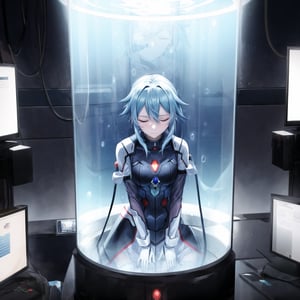 In a futuristic laboratory, Sinon floats serenely in a stasis chamber within a cylindrical, transparent glass enclosure, surrounded by luminescent blue liquid and delicate bubbles. Her blue hair drifts gently around her, as her expression remains peaceful and eyes closed. The glass is slightly fogged from condensation, adding realism to the scene. Outside the chamber, shadowy figures of scientists observe and record data, their faces obscured, hinting at a larger experiment.