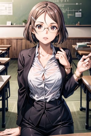 ((best quality)),  ((highly detailed)),  masterpiece,  ((official art)), (rika, brown hair, hairclip, brown eyes, freckles,earrings ,glasses),lips,  figure, ,(office), suit blazer, no shirt underneath,  in a classroom building, bracelet, parted lips,  indoors, intricately detailed, hyperdetailed, blurry background, depth of field, best quality, masterpiece, intricate details, tonemapping, sharp focus, hyper detailed, trending on Artstation, 1 girl, high res, official art,hilda