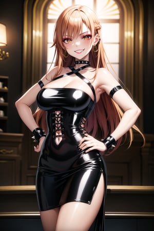 masterpiece,best quality,highres,ultra-detailed, asuna yuuki, long hair, orange hair, red hair, brown eyes,(dark makeup:1.5) (lips:1.3), (cross-laced clothes:1.3), narrow_waist:1.3, dominatrix:1.4 , (intricate Black dress:1.4), (pose:1.3), ,((smirk, grin, naughty face, seductive smile, smug)), (spiked bracelet), corset:1.4, (black hoop earring:1.3), curvaceous, voluptuous body, (latex:1.5), (black tube top:1.2), black choker, pencil skirt,  miniskirt, (black skirt),  black nails,large breasts:1.3,, (royal room:1.2),standing, StandingAtAttention,b1mb0,night club,lemon0021,,,RockOfSuccubus,asuna yuuki