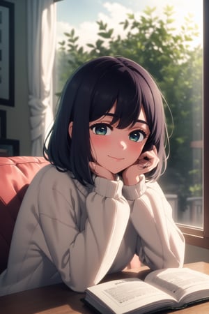 masterpiece, best quality, 1girl, looking at viewer, blush, long sleeves, sitting, closed mouth,  upper body,  indoors, book, window, plant, head rest, book stack, blunt bangs, sweater, soft smile,akane