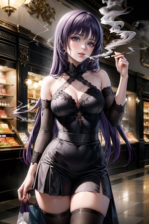 ((best quality)),  ((highly detailed)),  masterpiece,  ((official art)),  detailed face,  beautiful face,  (detailed eyes,  deep eyes),(, shopping_mall,, retail_therapy),pose, cigarete:1.2,holding cigarete:1.2, (smoking:1.4), (smoke:1.4) ,cowboy shot, extravagant shopping spree,  (shopping:1.2),high society,(clothing counter:1.2), seductive smile,sumire kakei, long hair:1.2,purple hair:1.2, Black skirt,intricate black dress:1.3,pleated skirt, black thighhighs,(at sides, looking at sides),hoop earring:1.2, curvaceous,  voluptuous body,  medium breast,  (intricately detailed, hyperdetailed), blurry background, depth of field, best quality, masterpiece, intricate details, tonemapping, sharp focus, hyper detailed, trending on Artstation, 1 girl, solo, high res, official art