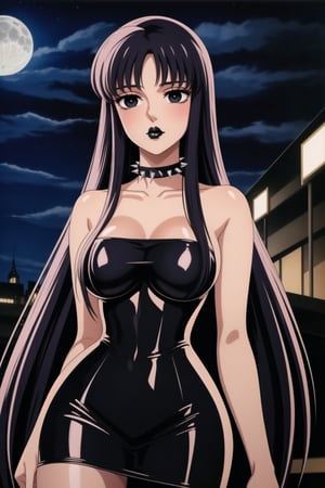 ((best quality)),  ((highly detailed)),  masterpiece,  ((official art)),(Saori Kido, Saori, long hair, black hair:1.3),((black eyes, empty eyes,expressionless,hypnosis)),(((white skin))) ,((makeup,lipstick, black lips:1.2)),absurdres, (spiked collar:1.2),  coyboy shot:1.3, thighhighs, lips,  blush,  (black latex:1.3),  black dress:1.2,  miniskirt  ((bodyconf)),  bare shoulders,  (( strapless)),  large breast,  looking at viewer,  street,  city,  nigth,  moon,  club,  (nigth club),  , hd quality,  perfect face , realistic,  realistic body,  perfect face sync,  , b1mb0,,,black lips