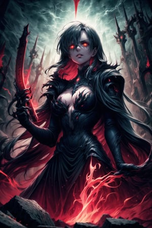 Elizabeth, black hair, lips, ruler of hell, stands as a malevolent dictator, her long hair flowing like darkness itself, gradient from white to dark, framing her cold gaze. Her elaborate gown, adorned with sinister symbols and glowing red accents, reflects her dominance and cruelty. The background features a hellish landscape: rivers of lava, jagged rocks, tormented souls, and dark clouds with lightning. Eerie, red and black glows illuminate the scene, capturing the dark and oppressive atmosphere of her dominion.