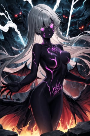 (tattoo,facial mark,aura,glowing,bodypaint,smoke,dark aura:1.2),1girl,long hair,medium breasts,black hair,angry,purple eyes,wings,claws,looking at viewer,nude,censored,armor,convenient censoring,Elizabeth, black hair, lips, ruler of hell, stands as a malevolent dictator, her long hair flowing like darkness itself, gradient from white to dark, framing her cold gaze. Her elaborate gown, adorned with sinister symbols and glowing red accents, reflects her dominance and cruelty. The background features a hellish landscape: rivers of lava, jagged rocks, tormented souls, and dark clouds with lightning. Eerie, red and black glows illuminate the scene, capturing the dark and oppressive atmosphere of her dominion.