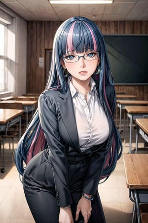 ((best quality)),  ((highly detailed)),  masterpiece,  ((official art)), (eida, long hair, bangs, blue eyes, very long hair, blue hair, pink hair, multicolored hair, earrings, blunt bangs, two-tone hair, streaked hair, ,glasses),lips,  figure, ,(office), suit blazer, no shirt underneath,  in a classroom building, bracelet, parted lips,  indoors, intricately detailed, hyperdetailed, blurry background, depth of field, best quality, masterpiece, intricate details, tonemapping, sharp focus, hyper detailed, trending on Artstation, 1 girl, high res, official art