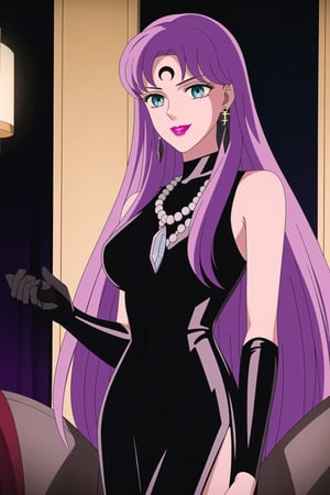 (best quality), (highly detailed), masterpiece, (official art),Saori Kido, long purple hair. blue eyes, bangs, lips, smile, lipstick, makeup,evil smile:1.2, salute,
((Forehead mark, crescent facial mark, black crystal earrings, jewelry)).  Dark  dress, black latex, black sleeveless dress, turtleneck_dress, short dress, elbow gloves, green gloves, thighhighs, large necklace, ((gemstone necklace:1.2)), standing,
Modern luxury lounge with dim lighting, featuring sleek black leather sofas, glass tables, and soft ambient lighting from wall sconces. A large window in the background reveals a city skyline at night, adding a touch of sophistication to the scene