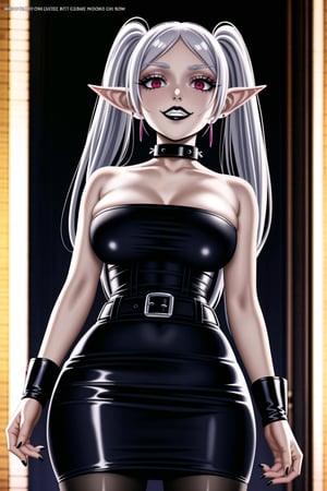 ((best quality)),  ((highly detailed)),  masterpiece,(Black lips:1.4), (white skin:1.4), ((official art)),  detailed face,  beautiful face, (cross-laced clothes:1.3), narrow_waist:1.3, dominatrix:1.4 , (intricate Black dress:1.4), (detailed eyes,  deep eyes),(science fiction, cyberpunk:1.3, street, shopping, dark background),((smirk, grin, naughty face, seductive smile, smug)) ,cowboy shot,(lips), (frieren, long hair, twintails, grey hair, pointy ears, elf), (red eyes:1.3),   (spiked bracelet), corset:1.4,chinese dress:1.2, (intricate black earring:1.3), curvaceous, voluptuous body, (makeup:1.5) (lips:1.3), (latex),  (black tube top:1.2), gloves, fingerless gloves, skirt, black choker, belt, pencil skirt, pantyhose, miniskirt, (black skirt), black gloves, black legwear, black choker, Black nails,large breasts:1.2, conspicuous elegance, snobby, upper class elitist, possesses an arroaant charm. her Dresence commands attention and enw, (intricately detailed, hyperdetailed), blurry background, depth of field, best quality, masterpiece, intricate details, tonemapping, sharp focus, hyper detailed, trending on Artstation, 1 girl, solo, high res, official art,RockOfSuccubus,<lora:659111690174031528:1.0>