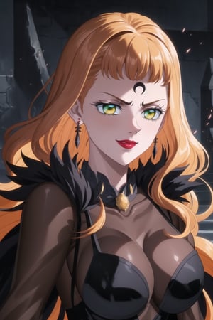 evil smile, red eyes, jewelry,  earrings, makeup, facial mark, lipstick,  forehead mark, crescent facial mark, black crystal earrings,crescent, , dress,black dress, see-through,,side slit, ,mimosa vermillion, orange hair, green eyes
(best quality), (highly detailed), masterpiece, (official art), A dark and mysterious female character inspired by classic anime style,  She has a cold, expressionless face with pale skin and dark, bold lips, giving her a commanding and intimidating presence.  The overall atmosphere is dark and mysterious, with a sense of power and control emanating from her poised stance.