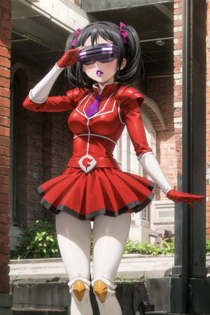 (best quality), (highly detailed), masterpiece, (official art),niko yazawa,black hair, twintails, hair ribbon, mature_female, 1girl, solo, ((head-mounted display)), ((purple lips:1.2)), (team flare:1.2),  gloves,((armor, juliet_sleeves:1.2)), long_sleeves , pleated skirt,  necktie, red dress, belt, red dress, (pantyhose, red footwear1.2), (lips:1.2), ((arms at sides)),, cowboy shot, looking at viewer, indoors, blurry background,depth of field, best quality, masterpiece, intricate details, tonemapping, sharp focus, hyper detailed, trending on Artstation, salute, 