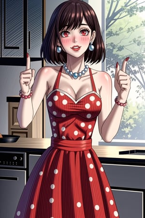 ((best quality)),  ((highly detailed)),  masterpiece,1girl, 1girl,  seductive smile, solo,   (Stepford),lips, makeup, lipstick,red lips, (pose),(polka dot:1.4), (polka dot dress:1.4),(pearl necklace:1.2), pearl bracelet, bare shoulders,(red dress:1.2),aroused, blush ,standing,  (large pearl necklace), (hoop earrings:1.2), looking at viewer, standing, cowboy shot, fingernails, kitchen, cooking, indoors, house, windows, cortain, food ,RaeTaylor,red eyes, short hair, brown hair, ,<lora:659111690174031528:1.0>