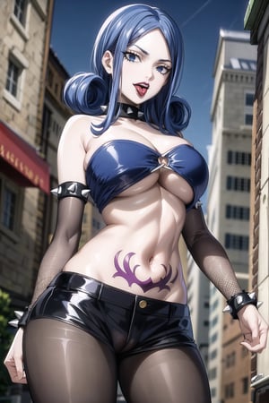 (masterpiece:), (best quality), highly detailed, beautiful detail, extremely delicate and beautiful, (juviarnd:1.2), blue hair, blue eyes,  (lips), open mouth, tongue out, evil eyes, evil smile,  spiked collar, midriff, spiked armlet, black vest,  (tube top), (underboob), red top ,  latex clothes,  fishnet pantyhose, fishnet gloves, chains, black vest, denim short,   spiked bracelet, string, black top, RockOfSuccubus, large breasts, navel,(purple), cleavage, midriff, (tattoo:1.1), pubic tattoo,makeup, (colored skin:1.3),(black lips:1.3),(lipstick), (pale skin:1.5),  eyelashes, standing, facing viewer,  (street), scenery, nigth, sky, blurry background,depth of field,juviafisu