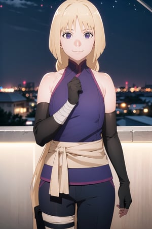 (best quality), (highly detailed), masterpiece, (official art),sumire kakei, (blonde hair), smile, long hair, ninja, elbow gloves, bandages, black pants, upper body, looking at viewer, city, night, sky, (intricately detailed, hyperdetailed), blurry background,depth of field, best quality, masterpiece, intricate details, tonemapping, sharp focus, hyper detailed, trending on Artstation,1 girl, high res, official art
