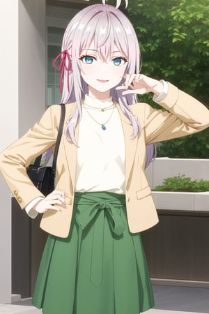  (best quality), (highly detailed), masterpiece, (official art), 1girl, solo, alya, long hair, grey hair, blue eyes, hair between eyes, hair ribbon, red ribbon, ahoge , smile, pose, jewelry, long sleeves, open clothes, necklace, bag, green skirt, brown jacket, handbag, sweatdrop, white sweater, open jacket, turtleneck, pendant, brown jacket, shopping