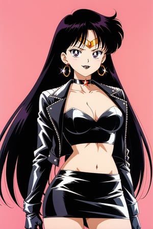 (masterpiece, best quality, very aesthetic, ultra detailed), lips, black lips:1.2, evil smile, evil, villain, corrupted, dark persona,intricate details, 4k, aamars, long hair, black hair,, black gloves, black jacket:1.2, black skirt:1.2, breasts, cleavage, closed mouth, collarbone, cowboy shot, ((black crop top)), hoop earrings, fingerless gloves, gloves, highres, black leather jacket, jewelry, , medium breasts, midriff, miniskirt, navel, pencil skirt, skirt, solo, standing, stomach, striped, striped bow, thigh strap,((retro anime style, detailed retro anime)), tiara, black choker