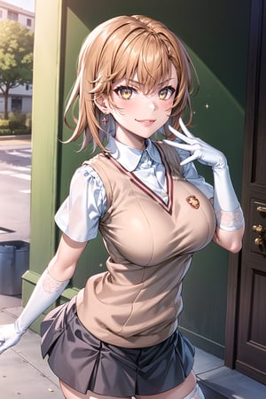 ((best quality)),  ((highly detailed)),  masterpiece,1girl, ((closed_mouth, sparkling_eyes, smug, shaded_face,evil smile)),(large breasts), tokiwadai school uniform, sweater vest, short sleeves, (](white gloves, elbow gloves)), pleated skirt, white thighhighs ,1girl, lips:1.2, makeup:1.2, ((gyaru)) ,jewelry, blush, earrings, looking at viewer, standing, cowboy shot, red hair, school, short hair, aamikoto ,hmmisaki,hypnoCollar,V-shaped eyebrows, 1girl