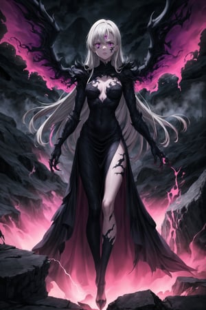 monochrome,greyscale,(tattoo,facial mark,aura,glowing,bodypaint,smoke,dark aura:1.2),1girl,long hair,medium breasts,black hair,angry,purple eyes,wings,claws,looking at viewer,nude,censored,armor,convenient censoring,Elizabeth, black hair, lips, ruler of hell, stands as a malevolent dictator, her long hair flowing like darkness itself, gradient from white to dark, framing her cold gaze. Her elaborate gown, adorned with sinister symbols and glowing red accents, reflects her dominance and cruelty. The background features a hellish landscape: rivers of lava, jagged rocks, tormented souls, and dark clouds with lightning. Eerie, red and black glows illuminate the scene, capturing the dark and oppressive atmosphere of her dominion.