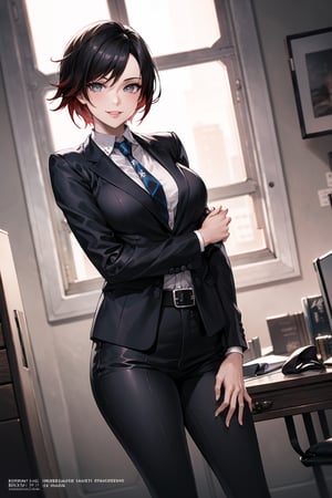 (best quality), (highly detailed), masterpiece, (official art), ruby rose:1.2, lips, smile, top jacket:1.3,black pants, belt,,necktie,  black jacket,(black suit), long sleeves, shirt tucked in,looking at viewer, shirt, black necktie, white shirt, medium breasts,window, formal, office lady,pants, business suit, suit,  (intricately detailed, hyperdetailed), blurry background,depth of field, best quality, masterpiece, intricate details, tonemapping, sharp focus, hyper detailed, trending on Artstation,1 girl, solo,high res,official art,ruby rose