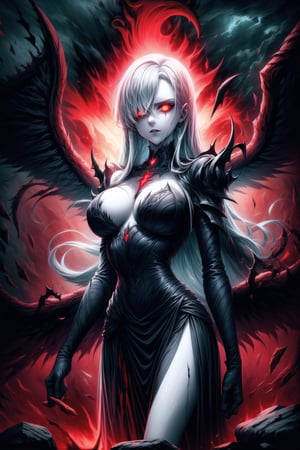 Elizabeth, white hair,hair_over_eye ,lips, ruler of hell, black wings,darkness wings,wings,demon wings,stands as a malevolent dictator, her long hair flowing like darkness itself, gradient from white to dark, framing her cold gaze. Her elaborate gown, adorned with sinister symbols and glowing red accents, reflects her dominance and cruelty. The background features a hellish landscape: rivers of lava, jagged rocks, tormented souls, and dark clouds with lightning. Eerie, red and black glows illuminate the scene, capturing the dark and oppressive atmosphere of her dominion.,shadow