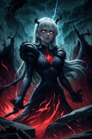 Elizabeth, black hair, lips, ruler of hell, stands as a malevolent dictator, her long hair flowing like darkness itself, gradient from white to dark, framing her cold gaze. Her elaborate gown, adorned with sinister symbols and glowing red accents, reflects her dominance and cruelty. The background features a hellish landscape: rivers of lava, jagged rocks, tormented souls, and dark clouds with lightning. Eerie, red and black glows illuminate the scene, capturing the dark and oppressive atmosphere of her dominion.