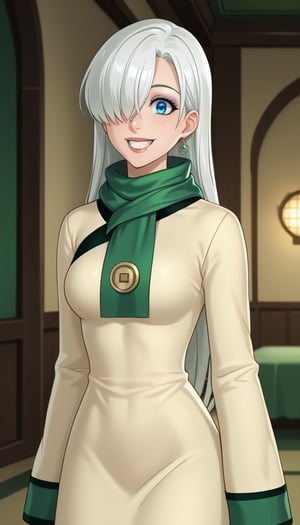 score_9, score_8_up, score_7_up, intricate details,1girl, elizabeth, long hair, white hair,hair over one eye, blue eyes, indoors,joo dee, dress, scarf, hair ornament, grin, smile, lips, joo dee,  full body,long dress, green scarf, beige dress, teeth,makeup,wide-eyes, eyeshadow,