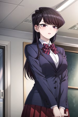 ((best quality)),  ((highly detailed)),  masterpiece,  ((official art)),  SK, lips, school, schoolroom, standing, chalkboard ,looking at viewer, (body trembling:1.3, scary:1.2, fear:1.2), blush, parted lips, dark blue blazer, striped bowtie, school uniform,  v arms, pantyhose, classroom, cowboy shot, school uniform, red skirt, red bow, blazer,,  girl,  indoors,  intricately detailed,  hyperdetailed,  blurry background, depth of field,  best quality,  masterpiece,  intricate details,  tonemapping,  sharp focus,  hyper detailed,  trending on Artstation, 1 girl,  high res,  official art,SK,StandingAtAttention