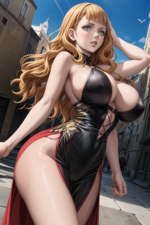 ((best quality)), ((highly detailed)), masterpiece, ((official art)), detailed face, beautiful face, (detailed eyes, deep eyes),,mimosa vermillion, green eyes, orange hair, wavy hair, bangs A captivating close-up image of CF1n3M, a striking woman with a cascade of dark brown hair falling gracefully over her left shoulder and highlights of blonde streaks adorning the other, poses confidently with parted lips in a bold. She is dressed in a sleek, form-fitting black dress that hugs her curvaceous figure, revealing her slender waist and long, toned legs. The dimly lit Parisian street scene serves as the backdrop, with the Eiffel Tower faintly visible in the distance. The camera angle is low, looking up at her from a slightly off-center position, casting an ethereal glow on her porcelain skin. Her eyes sparkle with a fierce intensity that commands attention, as she locks eyes with the viewer, exuding an air of mystery and allure in this dramatic, black-and-white portrait.