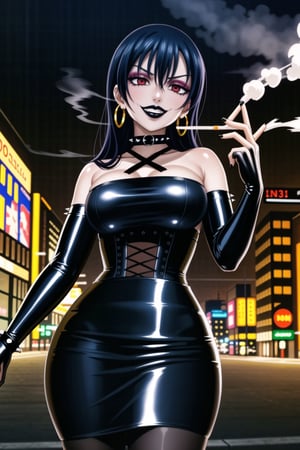 ((best quality)),  ((highly detailed)),  masterpiece,(Black lips:1.4), (white skin:1.4), ((official art)),  detailed face,  beautiful face, (cross-laced clothes:1.3), narrow_waist:1.3, dominatrix:1.4 , (intricate Black dress:1.4), (detailed eyes,  deep eyes),(science fiction, cyberpunk:1.3, street, shopping, pose:1.3, smoke:1.3, holding cigarette:1.3, smoking:1.2),((smirk, grin, naughty face, seductive smile, smug)) ,cowboy shot,(lips), umi sonoda, long hair, blue hair, (red eyes:1.3),   (spiked bracelet), corset:1.4, (black hoop earring:1.3), curvaceous, voluptuous body, (makeup:1.5) (lips:1.3), (latex:1.3),  (black tube top:1.2), gloves,(elbow gloves:1.2), skirt, black choker, pencil skirt, pantyhose, miniskirt, (black skirt), black gloves, black legwear, black nails,large breasts:1.2, (intricately detailed, hyperdetailed), blurry background, depth of field, best quality, masterpiece, intricate details, tonemapping, sharp focus, hyper detailed, trending on Artstation, 1 girl, solo, high res, official art,RockOfSuccubus, umi sonoda,<lora:659111690174031528:1.0>