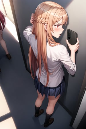 1girl, solo, asuna yuuki,  long hair, french braid, orange hair, angry expression, furrowed brows, lips, open mouth, angry, 
arms outstretched ,school uniform, standing in hallway, slight blush of frustration, hallway with background students looking over, bright afternoon sunlight, dramatic shadows on floor,b1mb0, (mind_control:1.2), (beautiful_hands), (perfect_hands),  (backPhone:1.4),