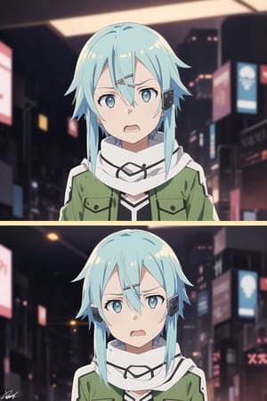 (best quality), (highly detailed), masterpiece, (official art), ((sinon1, cyberpunk, hair ornament, hairclip)), 1girl, upper body, bangs, blue eyes, blue hair, blurry, blurry background, fingerless gloves, green jacket, hair between eyes, hair ornament, hairclip, highres, jacket, long sleeves, outdoors, scarf, short hair, short hair with long locks, sidelocks, signature, sinon, solo, darkness, sword art online, turning head, ((open eyes, shocked expression,fear, horror, surprised:1.2)), open mouth,surprised look,surprised girl,