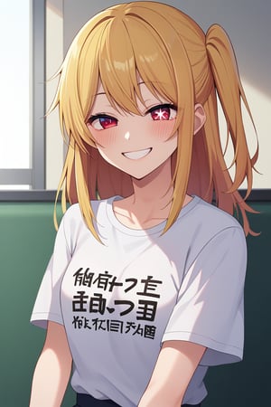 score_9, score_8_up, score_7_up, BREAK source_anime, 1girl, hoshino ruby, blonde hair, long hair, one side up, red eyes, mismatched pupils, star-shaped pupils, smile, half-closed eyes, blush, looking at viewer, using shirt with "LOVE" writing, japanese text, indoors 