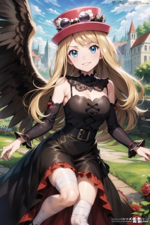 ((best quality)),  ((highly detailed)),  masterpiece,  ((official art)),  aaserena, solo, long hair, eyewear on headwear, pink headwear, eyelashes, blue eyes,,  Fallen Angel,  chess, black ornate crown, Angel of Darkness, frilled dress, black dress, lace-up dress, lolita fashion, smirk, looking at viewer, portrait, purple roses, vintage, gothic, bandages on legs, bandages, long sleeves, wide sleeves, frilled sleeves