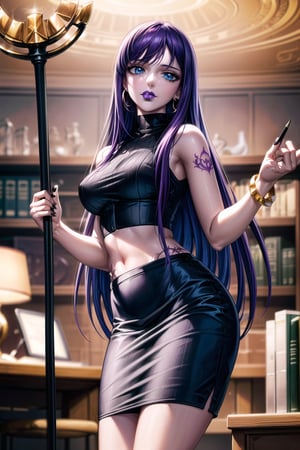 ((best quality)),  ((highly detailed)),  masterpiece,  ((official art)), (Saori, long hair, purple hair, blue eyes, earrings, jewelry),RockOfSuccubus, (lips:1.2), (black lips:1.4), black nails, (( holding staff, staff, head_tilt)),  (pubic tattoo:1.3), navel, midriff, sleeveless, bare shoulders, figure, turtleneck, ((black shirt)), (black pencil skirt), (office), lady office, , building, bracelet, parted lips, indoors, intricately detailed, hyperdetailed, blurry background, depth of field, best quality, masterpiece, intricate details, tonemapping, sharp focus, hyper detailed, trending on Artstation, 1 girl, high res, official art