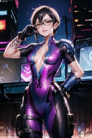 ((best quality)), ((highly detailed)), masterpiece, ((official art)), shino asada, ((black hair:1.2)), short hair, glasses, hair between eyes, hair ribbon, sidelocks, short hair with long locks, earrings,  (lips), evil smile, hand on hip,cowboy shot, (widowsuit:1.2), black gloves, medium breasts, tattoo, (arm tattoo:1.2) ,(pose:1.3), best quality, masterpiece, intricate details, scenary, outdoors, street, nigth, moon, (cyberpunk:1.2), star_(sky), spacecraft,trending on Artstation,  ,widowsuit,arm tattoo,aayelan