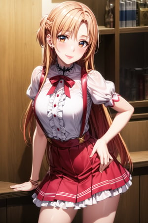 ((best quality)), ((highly detailed)), masterpiece, ((official art)), detailed face, beautiful face, (detailed eyes, deep eyes), seductive posing, (cowboy shot),asuna yuuki, long hair, brown eyes, orange hair, red hair, purple lips:1.2, 1girl, blonde hair, multicolored hair, bangs, one side up, long hair,   hairclip, jewelry, earrings, medium breasts, frills, puffy sleeves, puffy short sleeves, suspenders, frilled skirt, pink skirt, smile, blush, looking at viewer