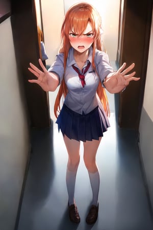 1girl, solo, asuna yuuki,  long hair, french braid, orange hair, angry expression, furrowed brows, lips, open mouth, angry, 
arms outstretched ,school uniform, standing in hallway, slight blush of frustration, hallway with background students looking over, bright afternoon sunlight, dramatic shadows on floor,b1mb0