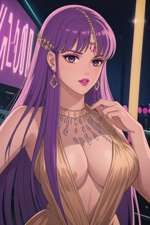 (best quality), (highly detailed), masterpiece, (official art),  ,(Saori,purple hair,long hair):1.2, lips:1.2, makeup:1.2, lipstick:1.2,  makeup, pink eyes, dancing:1.4, dance:1.2, dancer:1.3, posing, Earrings, gem earring:1.2,black_earrings, lips:1.2, black eyes:1.2, ,lips, cowboy shot, large breast, (/nightclub scene, neon lights)), , club, (nigth club), ,hd quality, perfect face ,realistic, realistic body , perfect face sync,night club,,marinette,night club,b1mb0,v3il:1.3, (forehead jewel gem):1.3