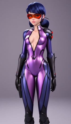 score_9, score_8_up, score_7_up,marinetteBug, blue hair, standing, lips ,standing, purple bodysuit, revealing chest, combat sniper visor, black gloves, thigh-high boots, advanced combat suit,  futuristic sniper,metallic purple suit, torso exposed,, black combat gear, long black gloves, high-tech bodysuit,widowsuit, tattoo, arm tattoo