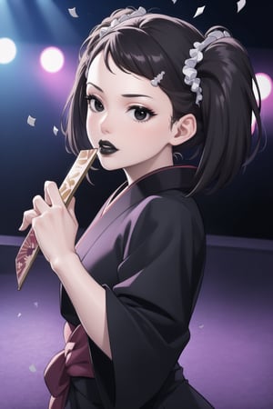 (best quality), (highly detailed), masterpiece, (official art),  becky blackbell, black hair, hair ornament, twintails, hairclip, scrunchie, hair scrunchie, lips:1.2, black lips:1.4, makeup:1.2, lipstick:1.2,  makeup, black eyes:1.2,black kimono,obi, dance,hand fan,white confetti,, looking at viewer, (/nightclub scene, neon lights)), , club, (nigth club), ,hd quality, perfect face ,realistic, realistic body , perfect face sync,night club,StandingAtAttention,night club,b1mb0, dancing:1.2,