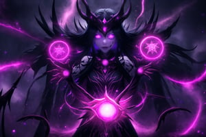 "Dark Sorceress Gwendolyn's Forbidden Power":
gwentennyson, long red hair, now twisted by dark magic, stands menacingly in her corrupted form. Her once-vibrant violet mage attire has transformed into a shadowy, tattered robe, pulsating with forbidden runes and dark flames. Her eyes glow with an ominous purple hue, and her expression is one of cruel dominance. In one hand, she clutches a cursed, blackened grimoire with glowing violet symbols that pulse with dark energy. Her other hand conjures an ominous ball of dark magic, swirling with shadowy tendrils and streaks of purple lightning.
The background is a dark, shattered void, filled with jagged cracks that leak sinister energy. Magic circles of forbidden glyphs spin around her, their deep purples and blacks contrasting against the darkened backdrop. Glistening, arcane chains twist and writhe in the air, like serpents of shadow, while forbidden runes and sigils shimmer in the darkness. Faint whispers of tortured souls emanate from the chaotic magical storm surrounding her. Streaks of corrupted purple flames and black smoke rise from the ground, engulfing the entire scene in a sense of forbidden power. Sharp, electric effects and glowing dark orbs hover in the air, as Gwendolyn channels the full force of her dark sorcery. The entire image glows with an eerie, shadowy light, casting deep, high-contrast shadows, and creating a menacing, oppressive atmosphere.,